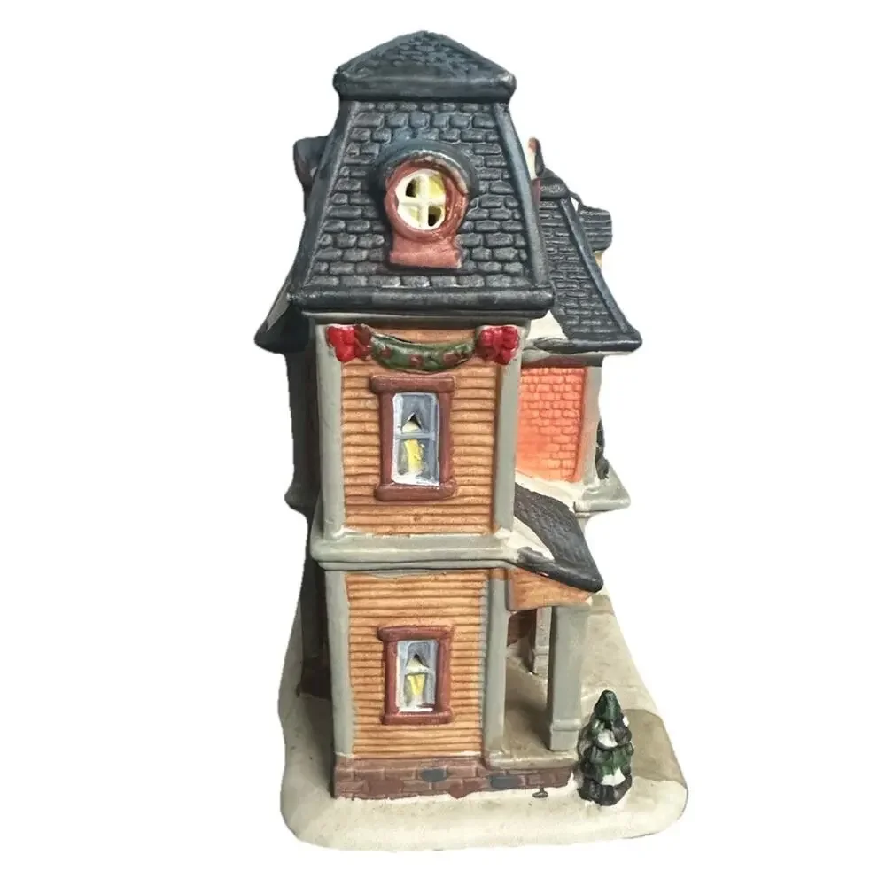 Illuminated Christmas Village Victorian House w/ Figures - Holiday Decor